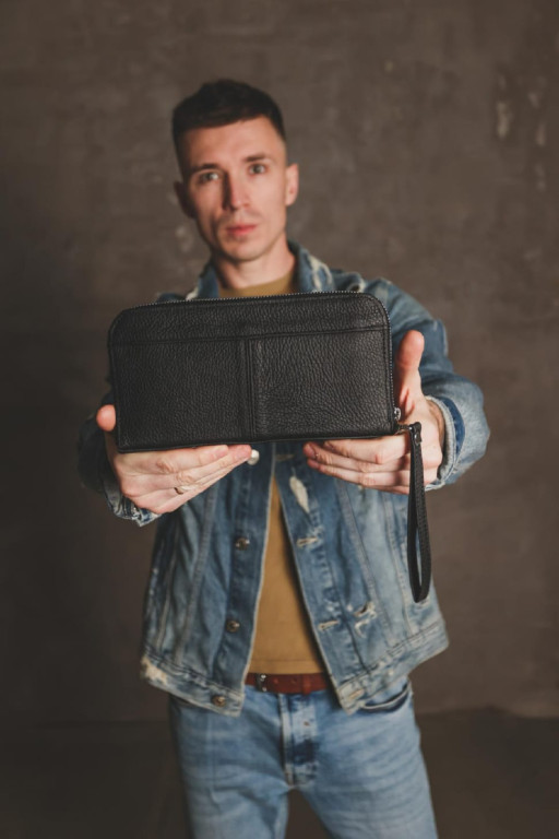 Шкіряний клатч-гаманець із натуральної зернистої шкіри SKILL Flash (чорний)