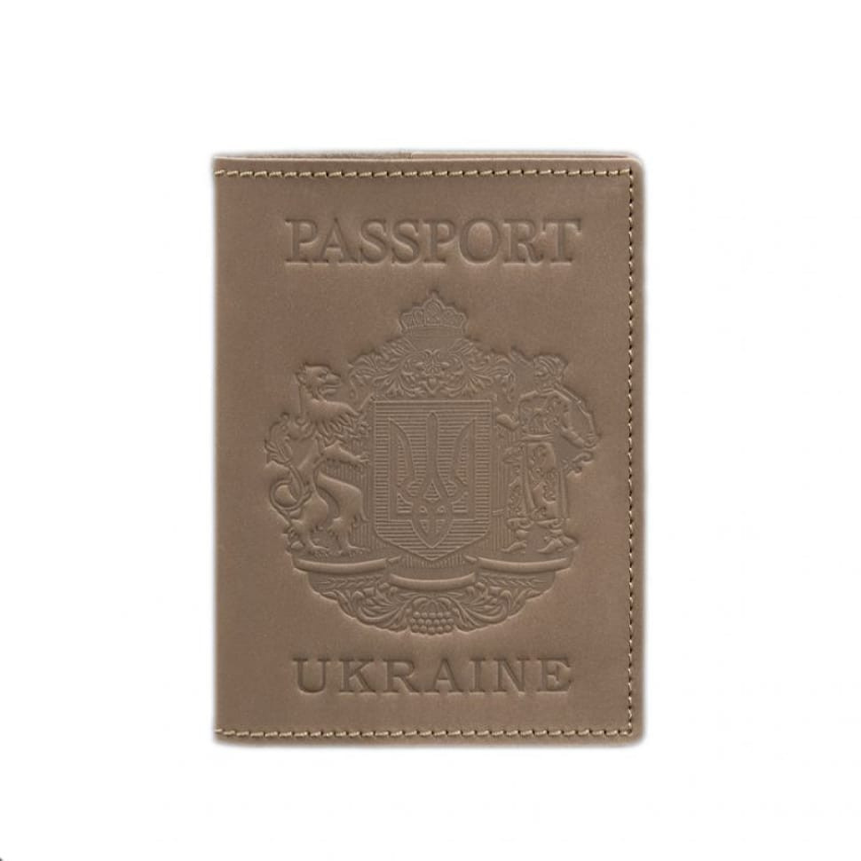 Шкіряна обкладинка для паспорта з українським гербом світло-бежева