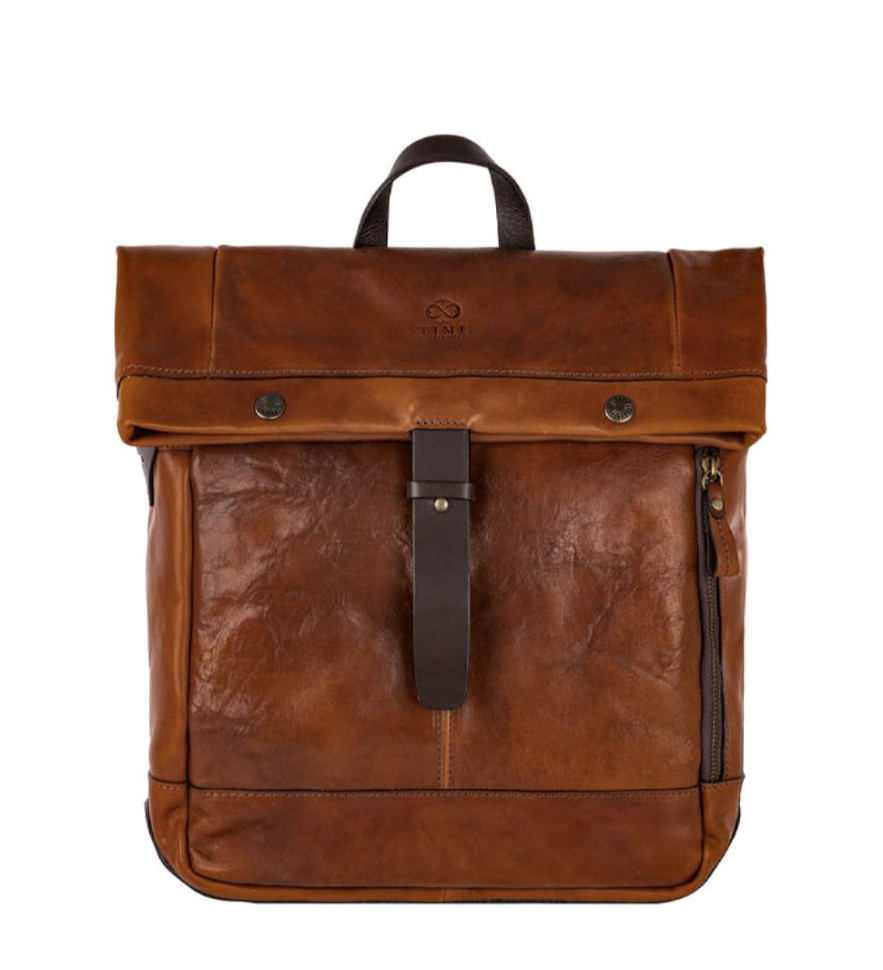 Leather Roll-Top Backpack for Women - The Secret History -  Cognac Brown Mattek color -  Time Resistance 5229101W