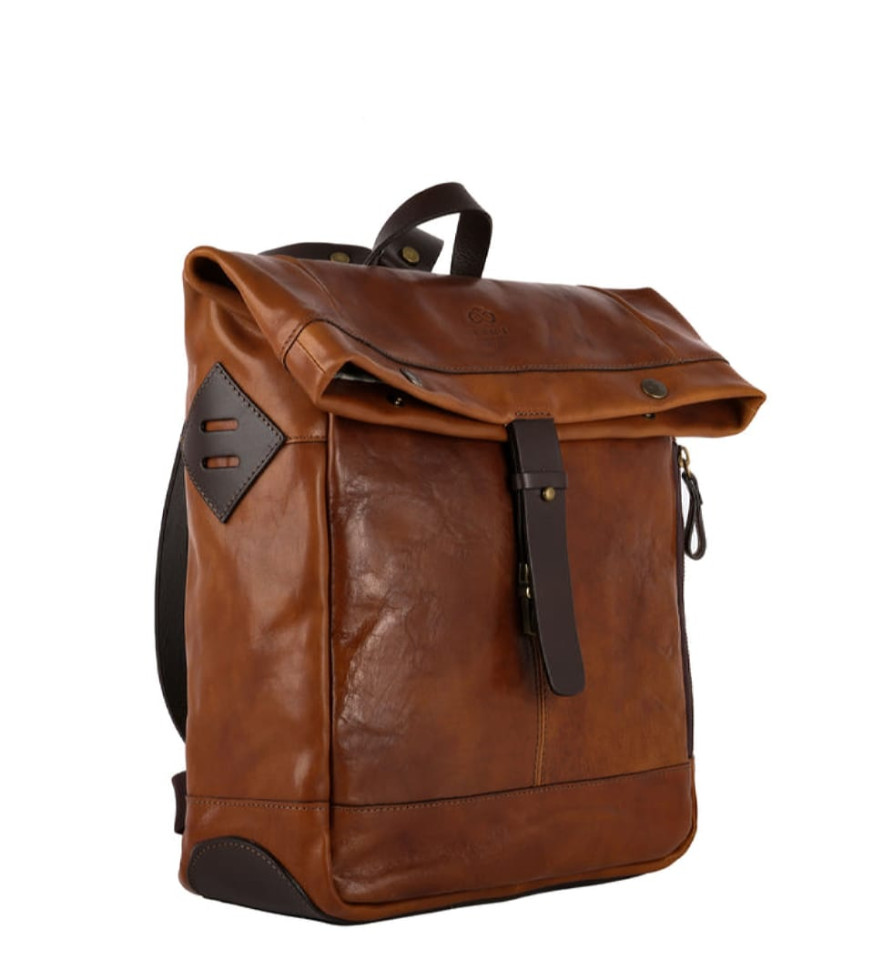 Leather Roll-Top Backpack for Women - The Secret History -  Cognac Brown Mattek color -  Time Resistance 5229101W