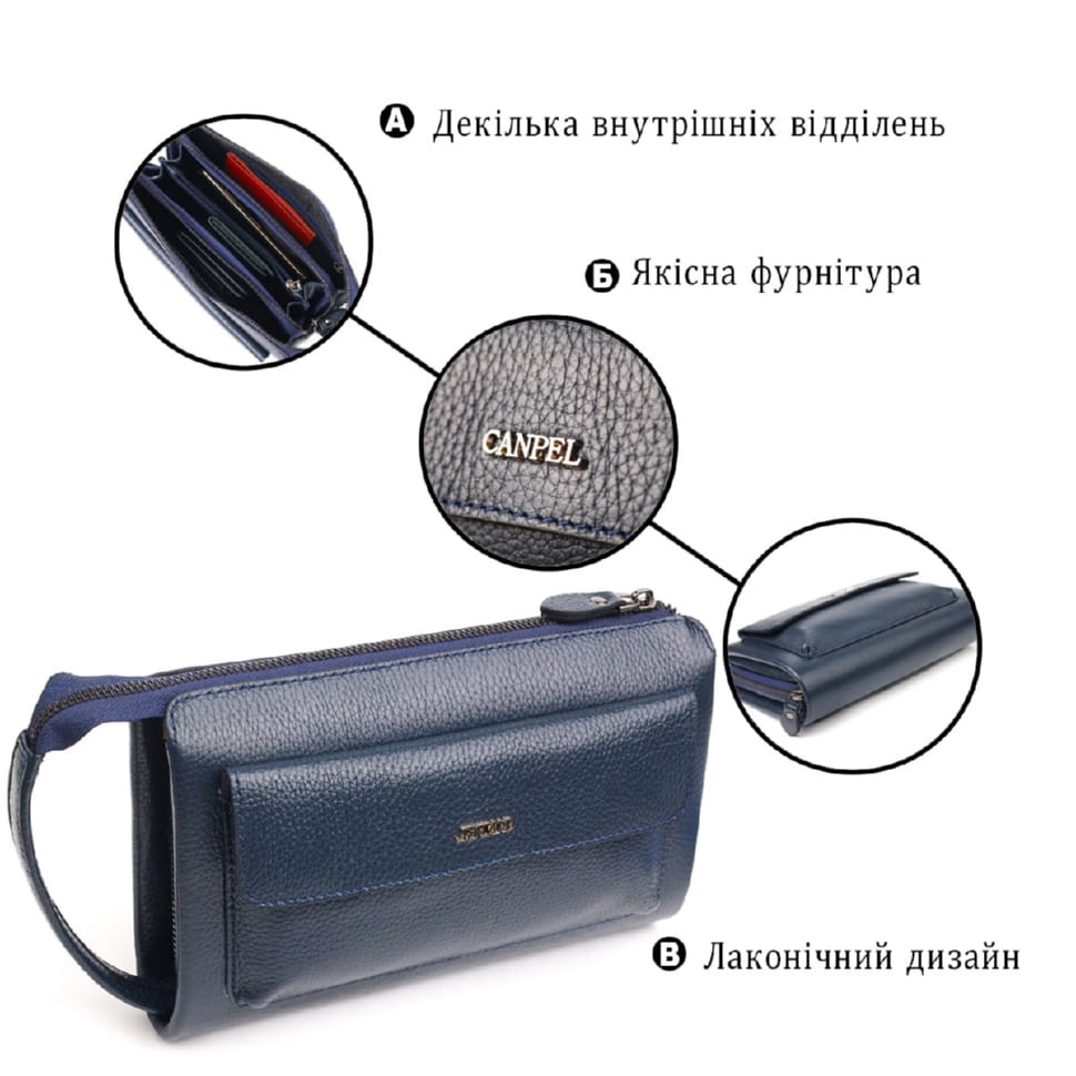 Современный мужской клатч из натуральной зернистой кожи CANPELLINI 21558 Синий