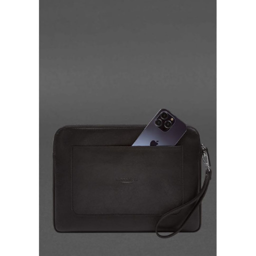 Шкіряний чохол для ноутбука на блискавці з кишенею та хлястиком на руку Чорний
