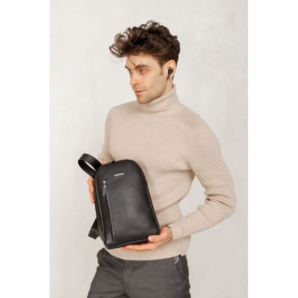 Leather men's backpack (sling bag) on one shoulder Chest Bag black