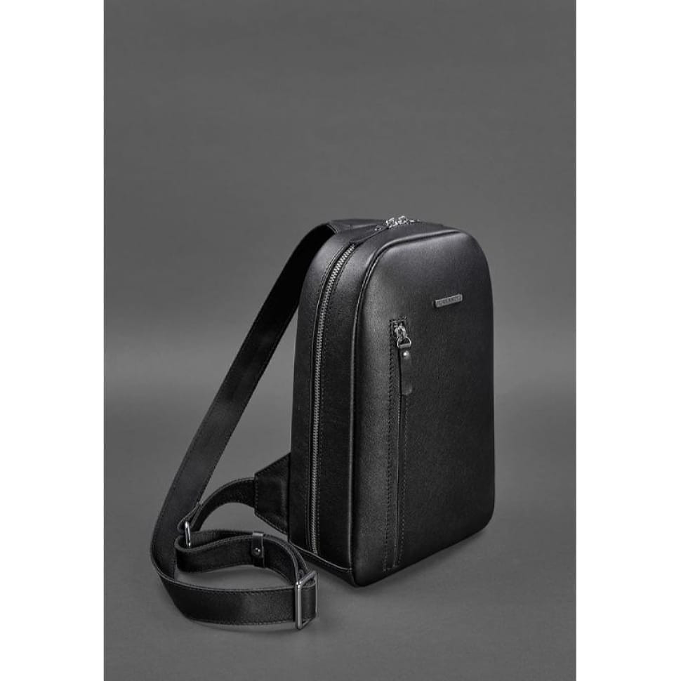 Leather men's backpack (sling bag) on one shoulder Chest Bag black