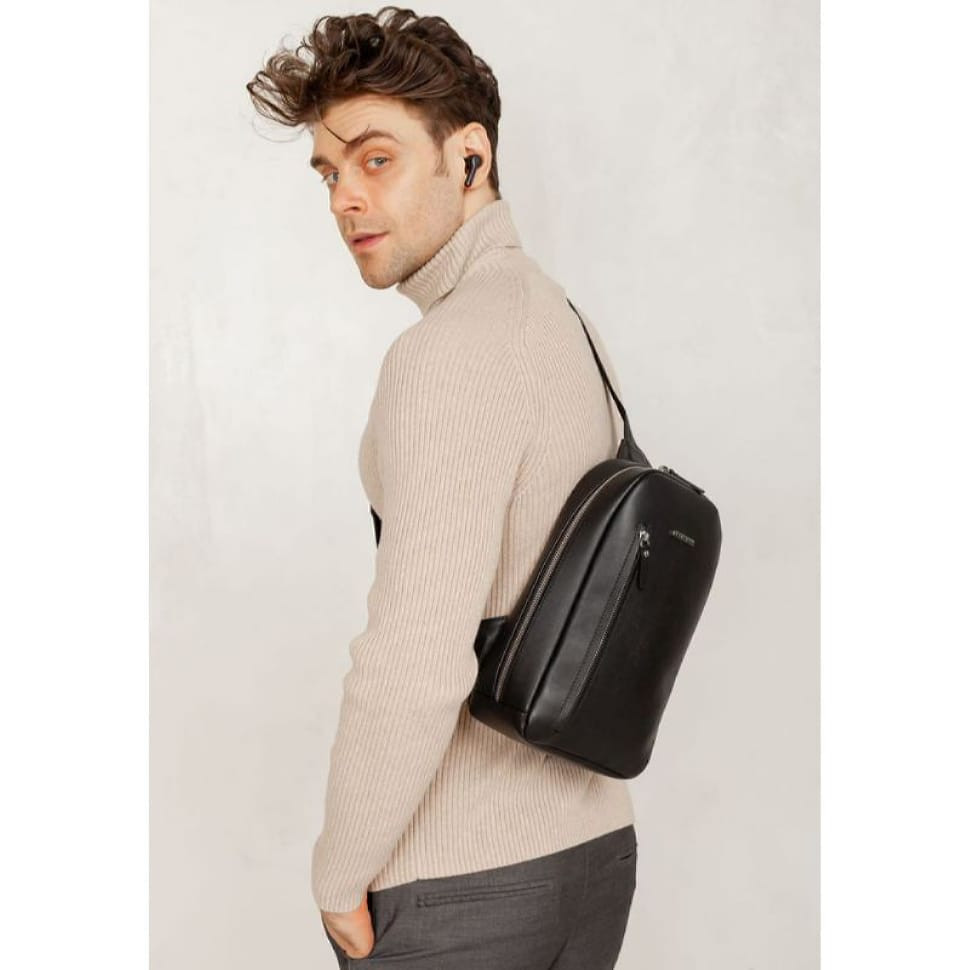 Leather men's backpack (sling bag) on one shoulder Chest Bag black