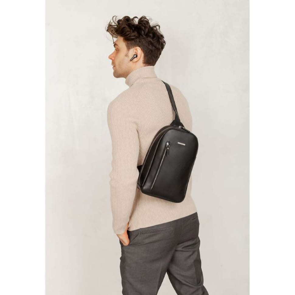 Leather men's backpack (sling bag) on one shoulder Chest Bag black