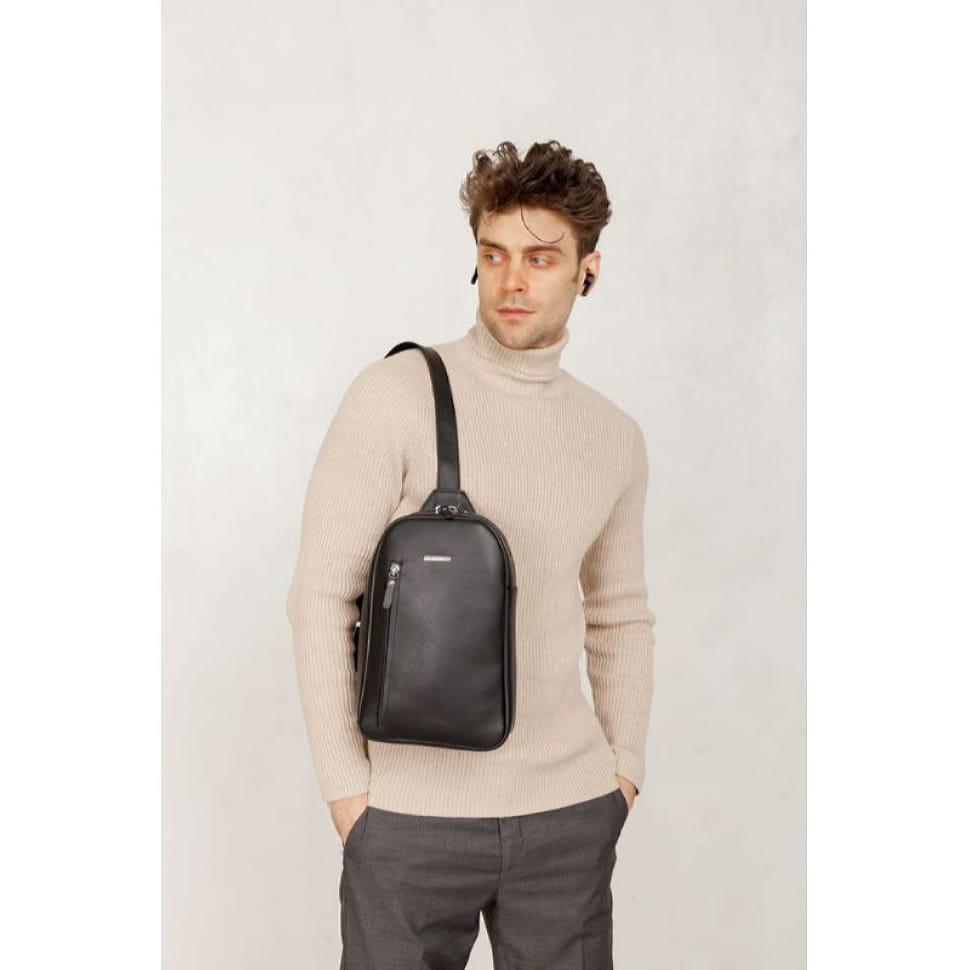 Leather men's backpack (sling bag) on one shoulder Chest Bag black