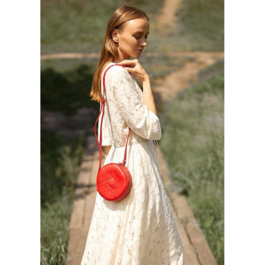 Leather round women's bag Bon-Bon red