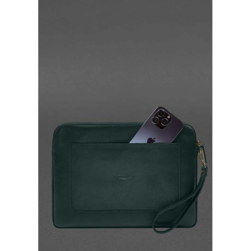 Шкіряний чохол для ноутбука на блискавці з кишенею та хлястиком на руку Зелений