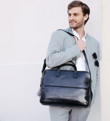Large Leather Briefcase Laptop Bag - Nostromo - Black color - Time Resistance 5237001