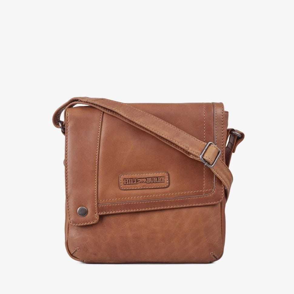 Mens shoulder bag Hill Burry HB3336B with oblique flap cognac