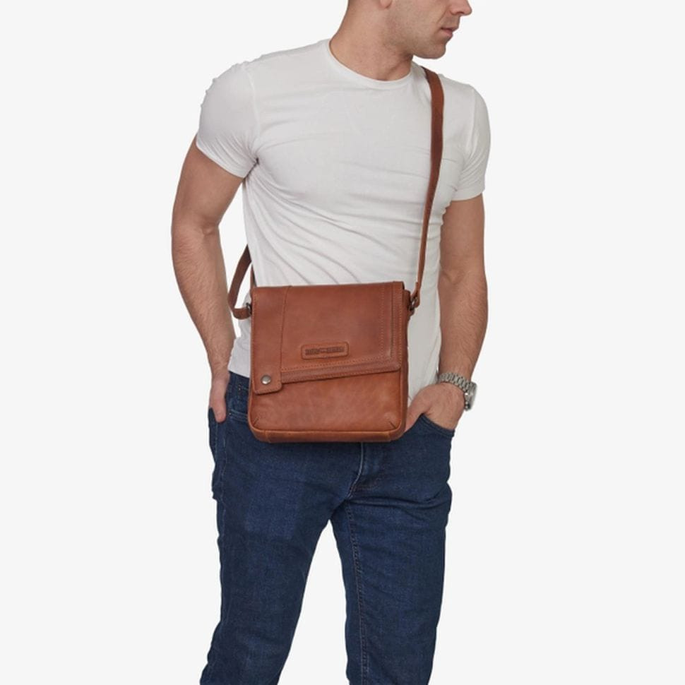 Mens shoulder bag Hill Burry HB3336B with oblique flap cognac