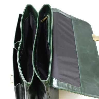 Business leather mens briefcase in green glossy leather TARWA GE-2068-4lx