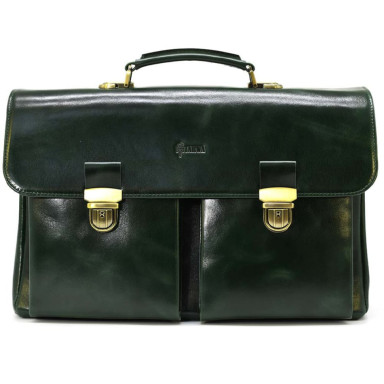 Business leather mens briefcase in green glossy leather TARWA GE-2068-4lx