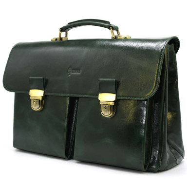 Business leather mens briefcase in green glossy leather TARWA GE-2068-4lx