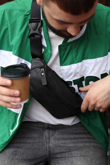 Men`s waist bag (banana bag) made of genuine leather SL008 (black)