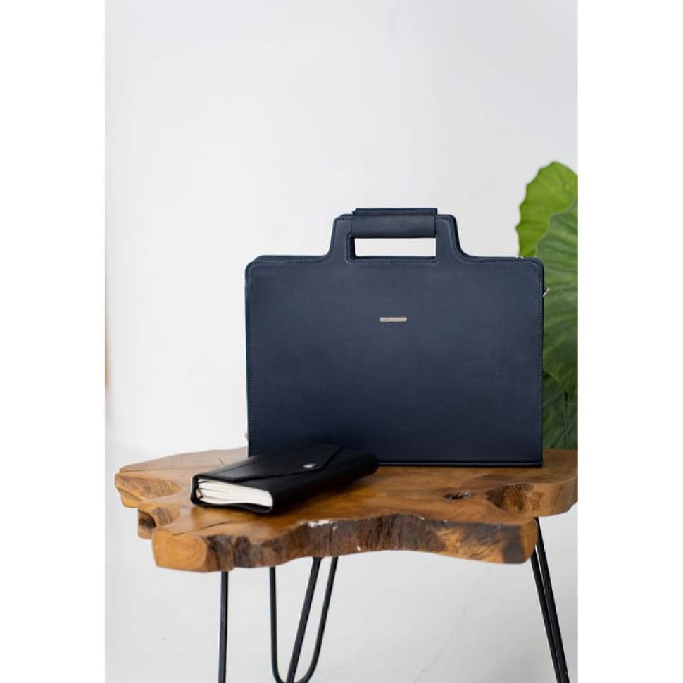 Шкіряна сумка для ноутбука та документів темно-синя Краст