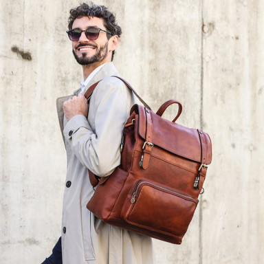 Leather Backpack - The Good Earth - Cognac Brown Matte color - Time Resistance 5232301