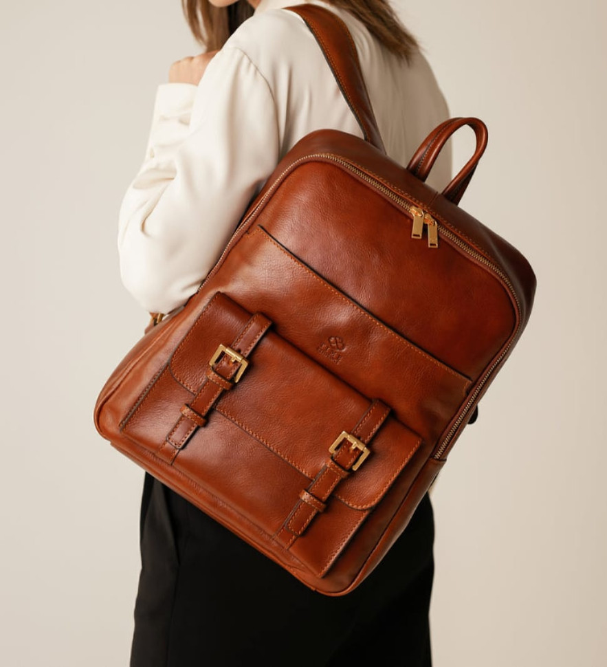 Womens Leather Backpack Travel Bag - The Divine Comedy -  Cognac Brown Matte color -  Time Resistance 5248501W
