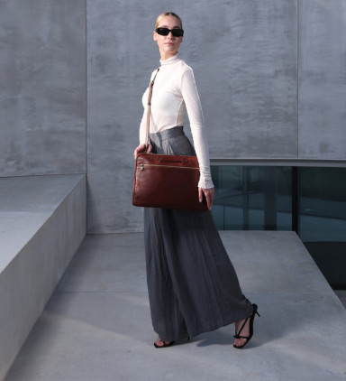 Womens Leather Briefcase Laptop Bag - Brave New World -  Cognac Brown Matte color -  Time Resistance 5191601W