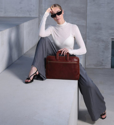 Womens Leather Briefcase Laptop Bag - Brave New World -  Cognac Brown Matte color -  Time Resistance 5191601W