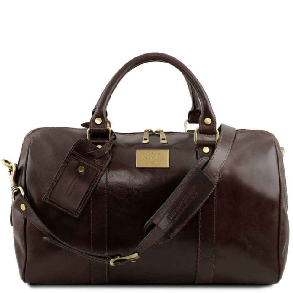 Travel leather duffle bag with pocket on the back side - Small size Tuscany TL141250 Voyager
