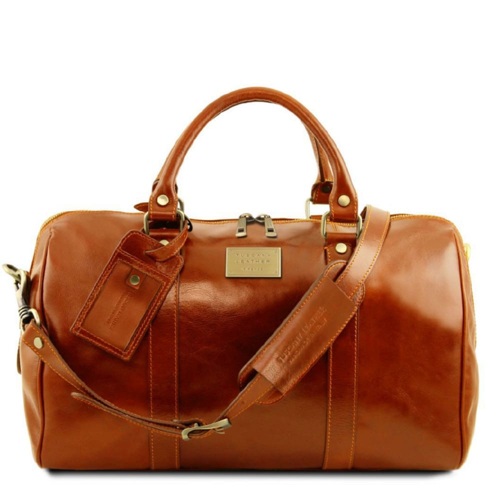 Travel leather duffle bag with pocket on the back side - Small size Tuscany TL141250 Voyager