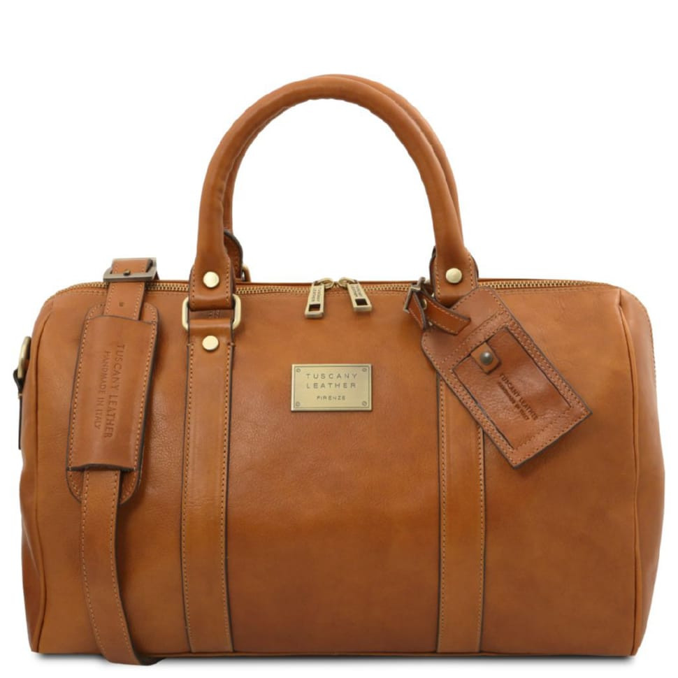 Travel leather duffle bag with pocket on the back side - Small size Tuscany TL141250 Voyager