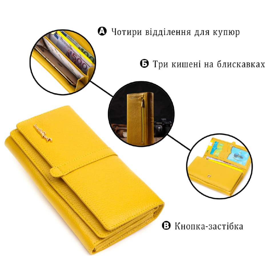 Барвистий жіночий гаманець з великою кількістю відділень із натуральної шкіри Tony Bellucci 21960 Жовтий