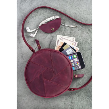 Leather round women's bag Bon-Bon burgundy Crazy Horse
