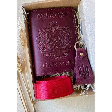 Gift set of leather accessories with Ukrainian symbols burgundy