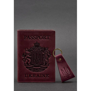 Gift set of leather accessories with Ukrainian symbols burgundy