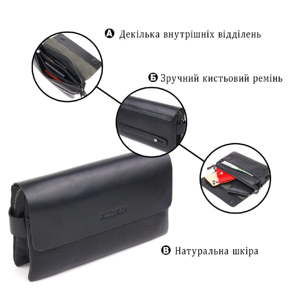 Красивый мужской клатч из натуральной комбинированной кожи CANPELLINI 21564 Черный