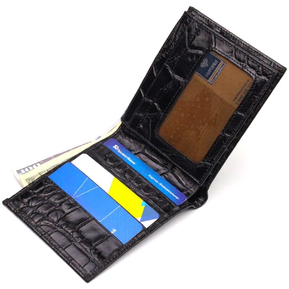 Чоловічий портмоне з натуральної шкіри з тисненням під крокодила CANPELLINI 21866 Чорний