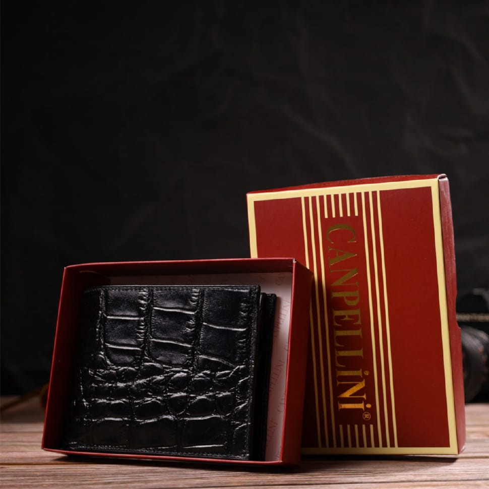 Чоловічий портмоне з натуральної шкіри з тисненням під крокодила CANPELLINI 21866 Чорний