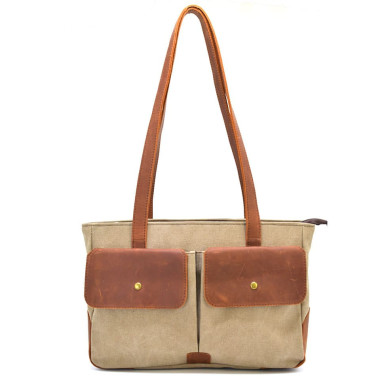 Womens canvas and leather tote bag TARWA RBs-3930-3md with front pockets