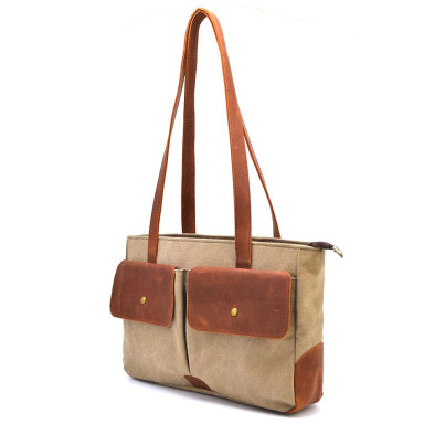 Womens canvas and leather tote bag TARWA RBs-3930-3md with front pockets