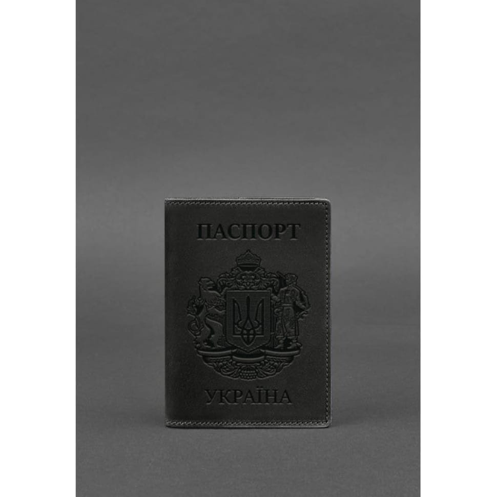 Шкіряна обкладинка для паспорта з українським гербом чорна