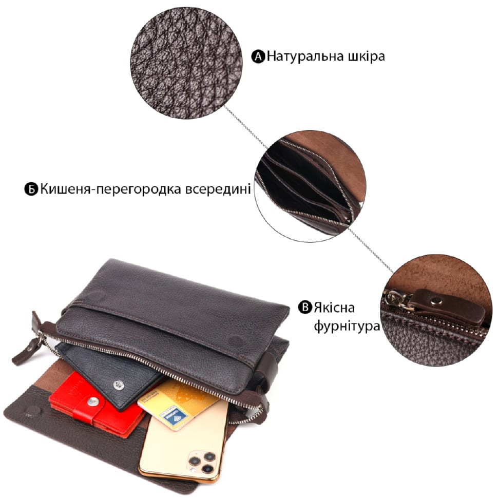 Стильний чоловічий клатч із натуральної комбінованої шкіри CANPELLINI 21566 Коричневий