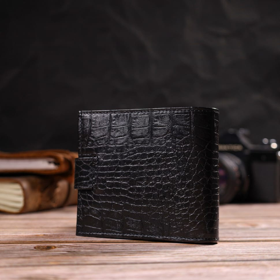 Чоловічий оригінальний гаманець горизонтального формату з натуральної шкіри з тисненням під крокодила CANPELLINI 21768 Чорний