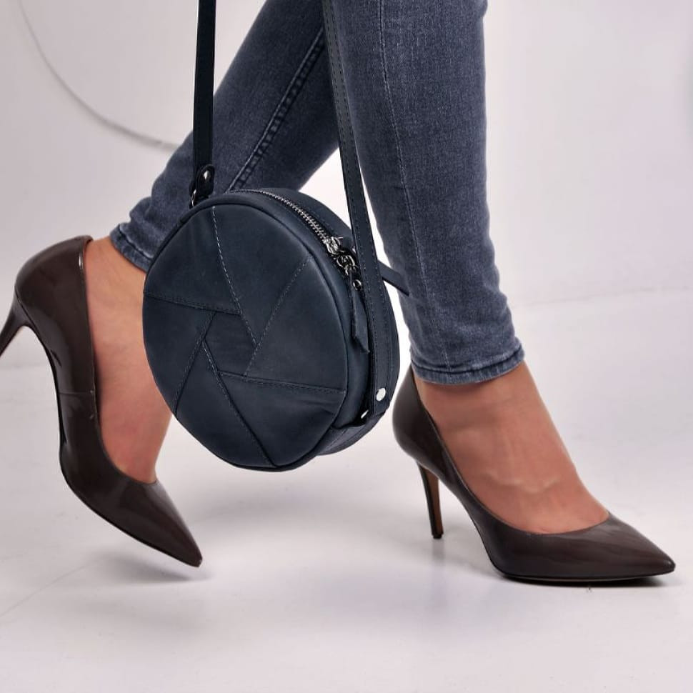 Leather round women's bag Bon-Bon blue Crazy Horse