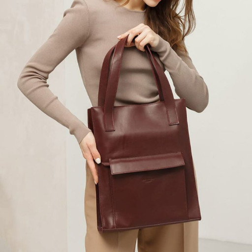 Шкіряна жіноча сумка шоппер Бетсі з кишенею бордова Краст