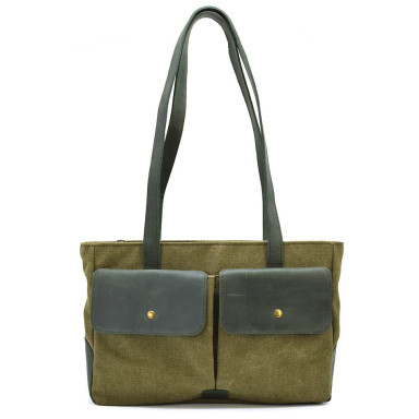 Womens canvas and leather tote bag TARWA REH-3930-3md with front pockets