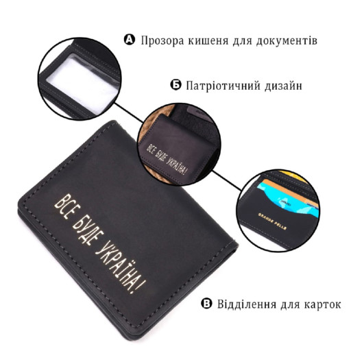 Містка обкладинка на автодокументи у вінтажній шкірі Україна GRANDE PELLE 16709 Чорна