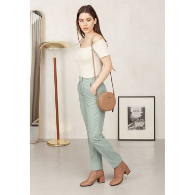 Round women's leather bag Tablet light beige