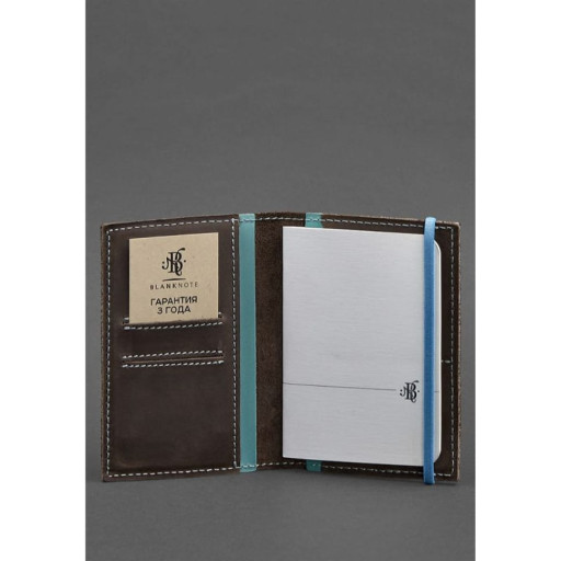 Шкіряна обкладинка для паспорта 2.0 темно-коричнева з бірюзовим