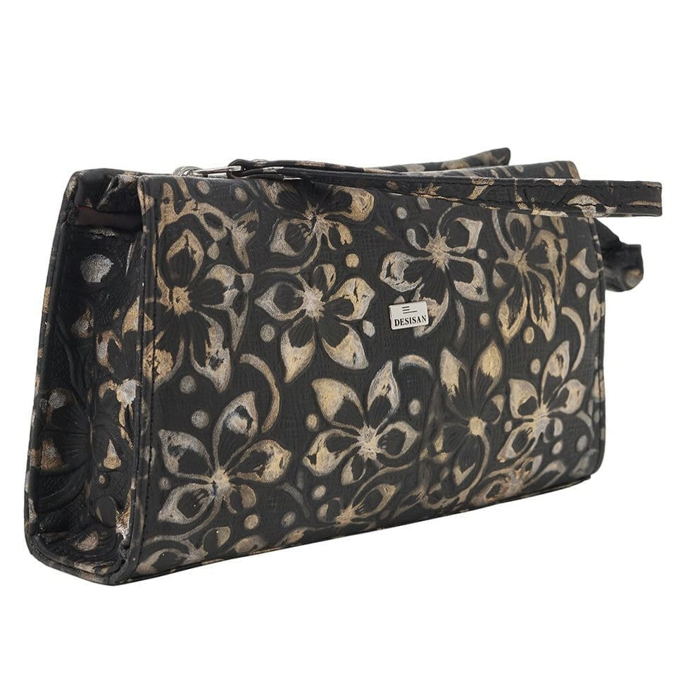 Косметичка шкіряна Desisan 2-6778 золотаво-чорні квіти