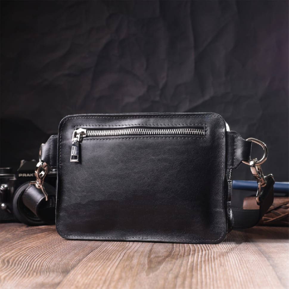 Сумка бананка прямокутного формату із якісної натуральної шкіри GRANDE PELLE 22576 Чорний