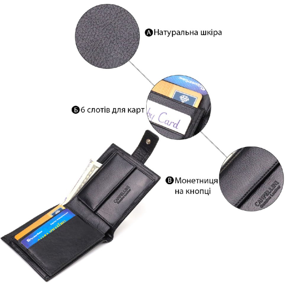 Практичний гаманець для чоловіків горизонтального формату з натуральної гладкої шкіри CANPELLINI 21772 Чорний