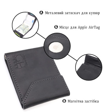 Компактный кожаный зажим для денег с держателем для Apple AirTag GRANDE PELLE 11617 Черный